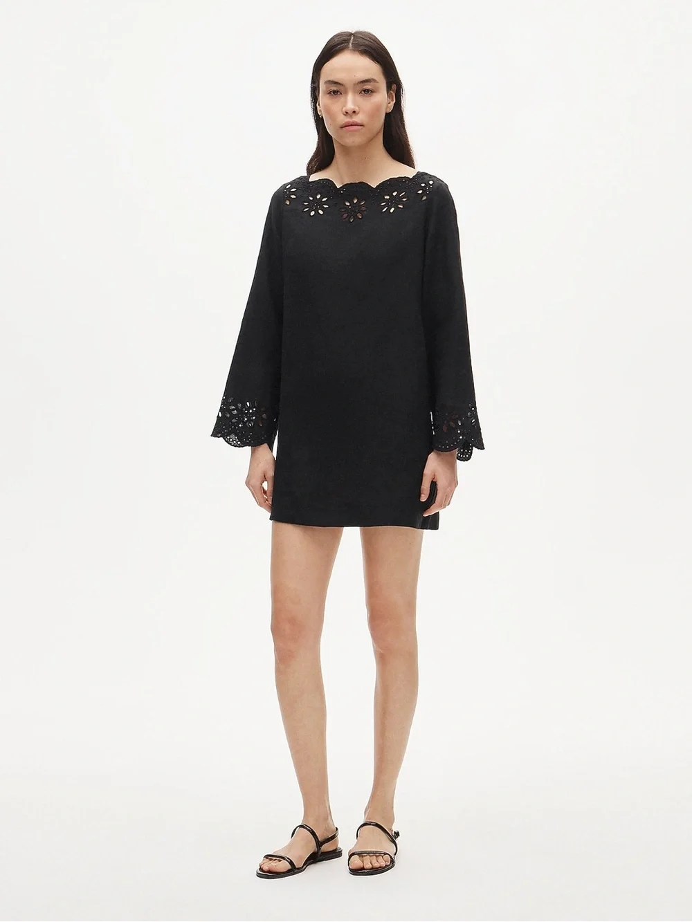 J. Crew Scallop-trim Eyelet Popover Linen Dress in Black Size Medium